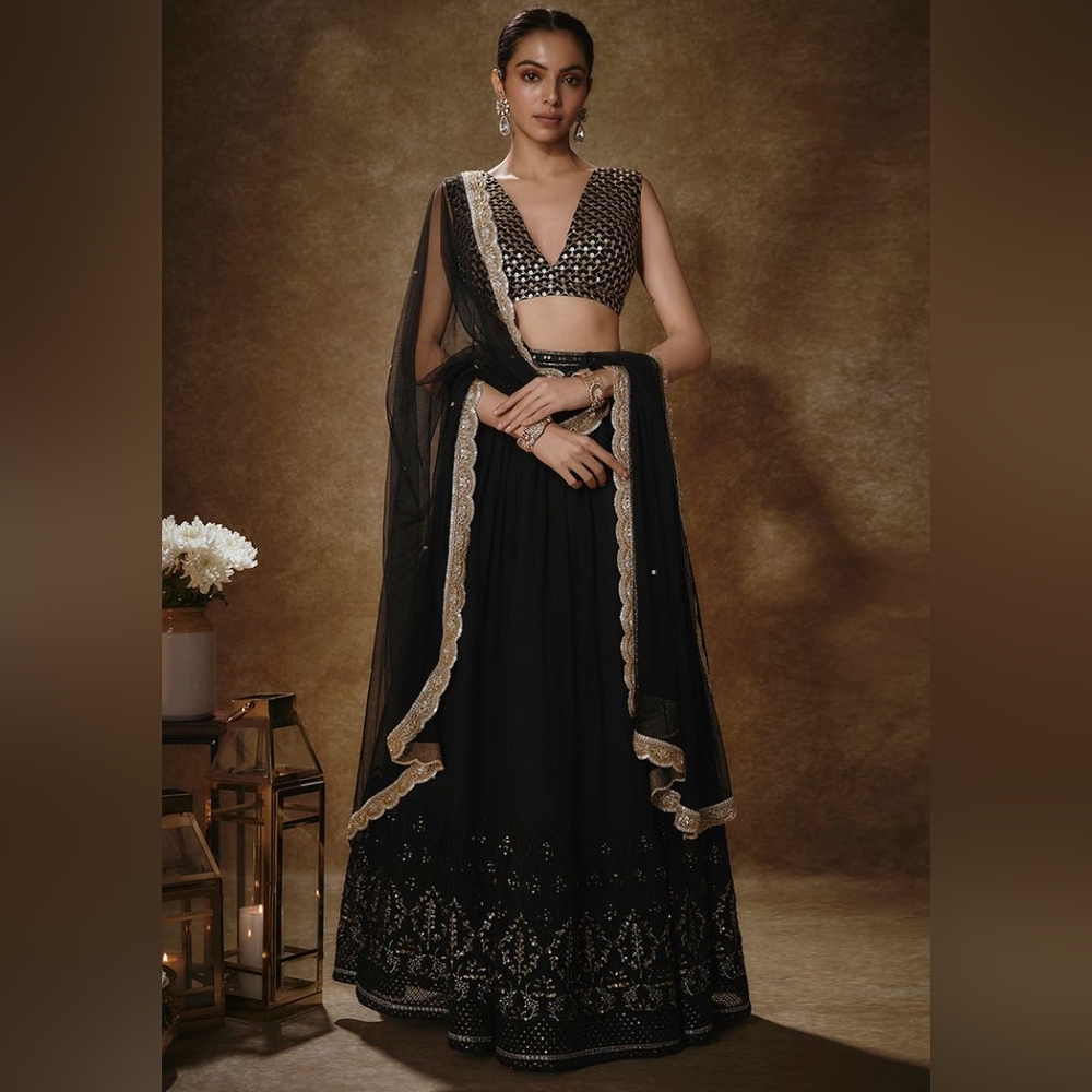 Black Sequin Embroidered Georgette Lehenga Choli Set
